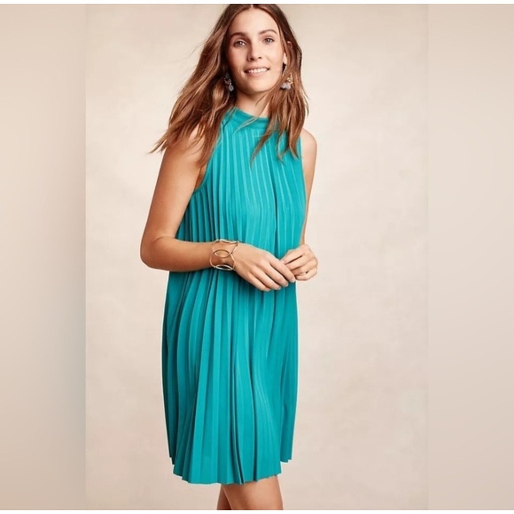 Plenty by Tracy Reese Anthropologie Seaglass Teal Pleated Shift Dress Swing L